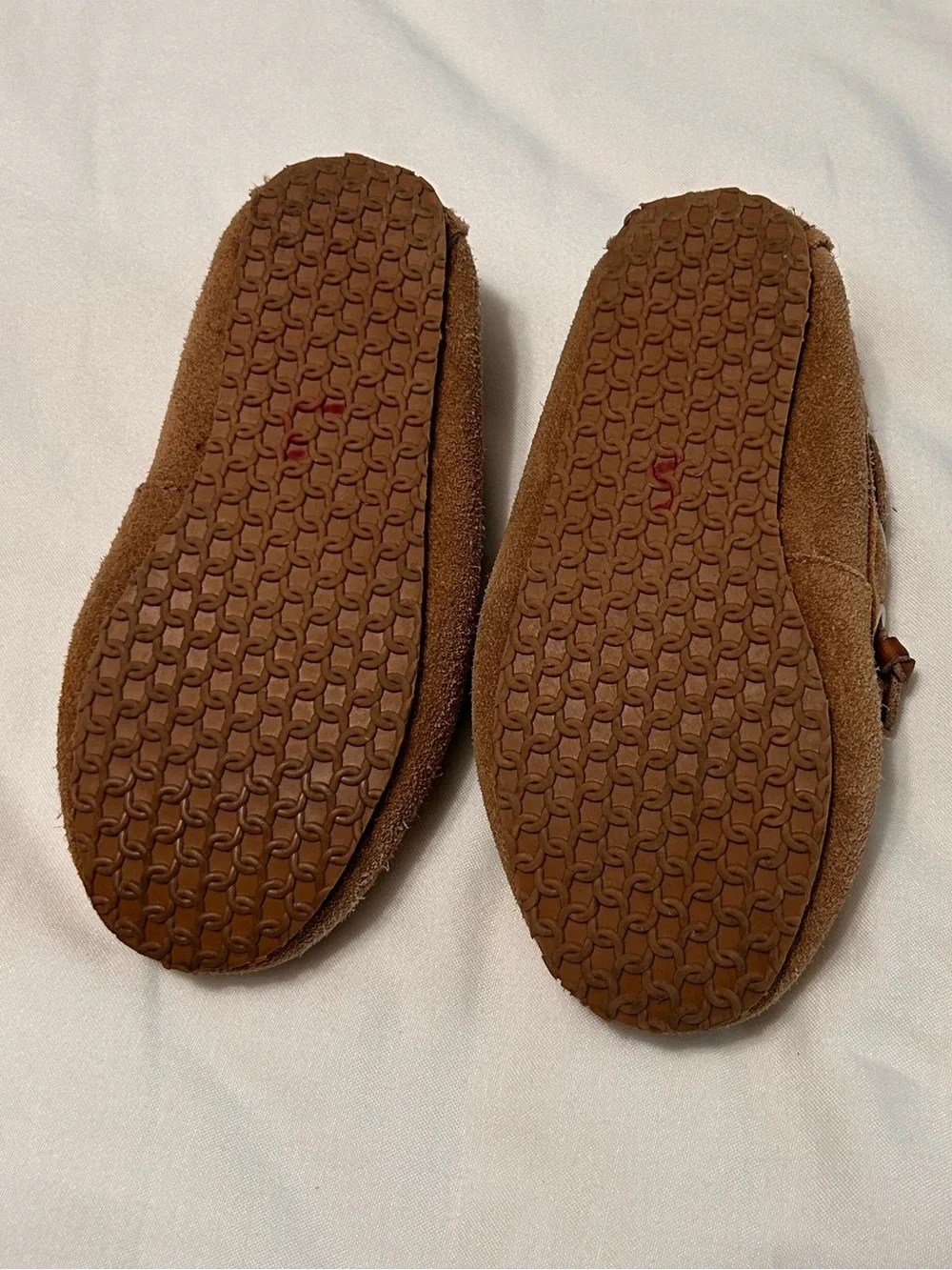 Lands End Kids Cozy Moccasin Slippers - Brown Suede with fur inside size 9-10